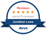 Avvo badge with 5-star reviews for Jonathan Lowe, attorney.